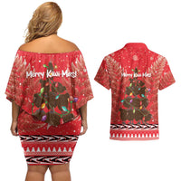 Kiwi New Zealand Christmas Couples Matching Off Shoulder Short Dress and Hawaiian Shirt Meri Kirihimete Silver Fern - Red Color LT14 - Polynesian Pride