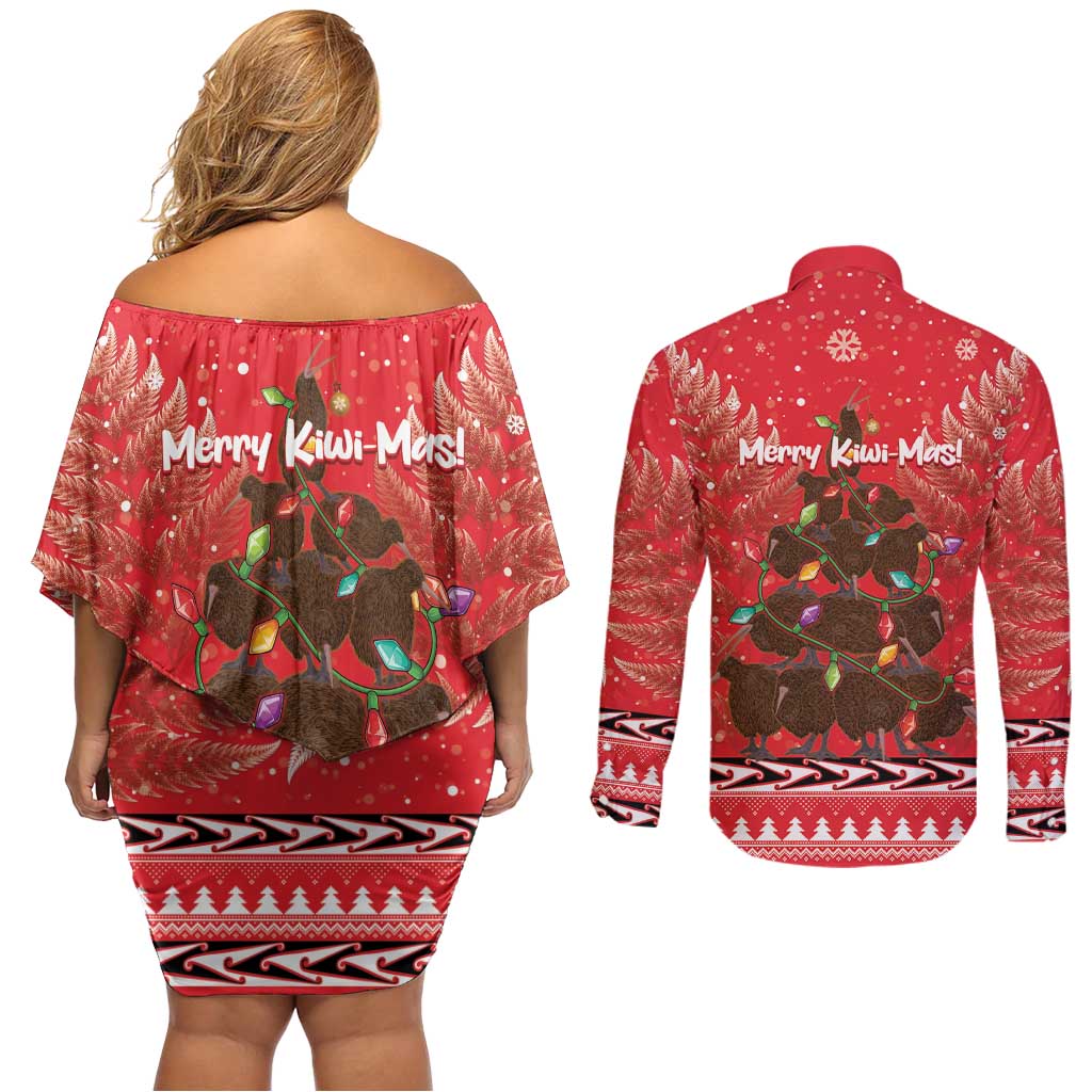 Kiwi New Zealand Christmas Couples Matching Off Shoulder Short Dress and Long Sleeve Button Shirt Meri Kirihimete Silver Fern - Red Color LT14 - Polynesian Pride