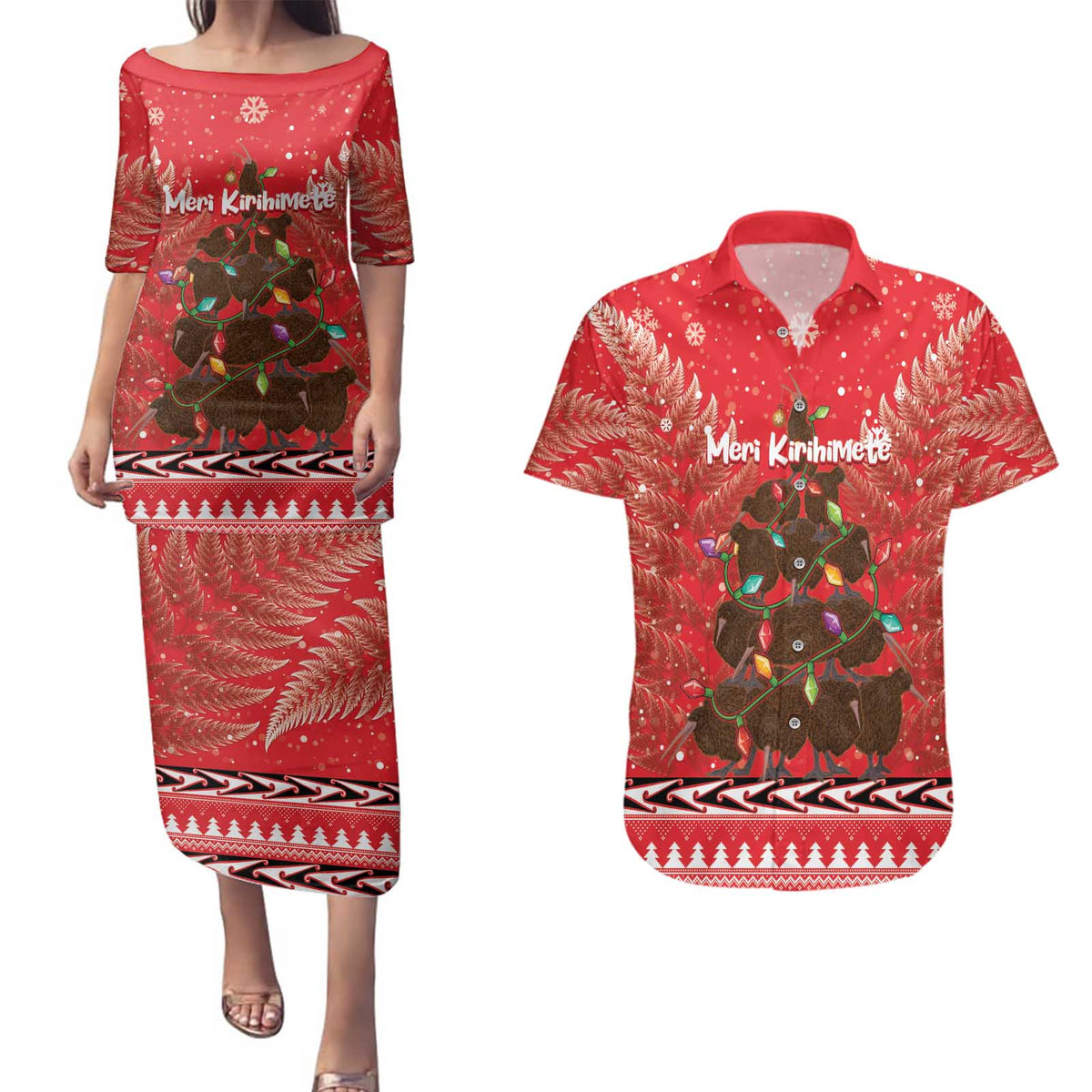 Kiwi New Zealand Christmas Couples Matching Puletasi and Hawaiian Shirt Meri Kirihimete Silver Fern - Red Color LT14 Red - Polynesian Pride