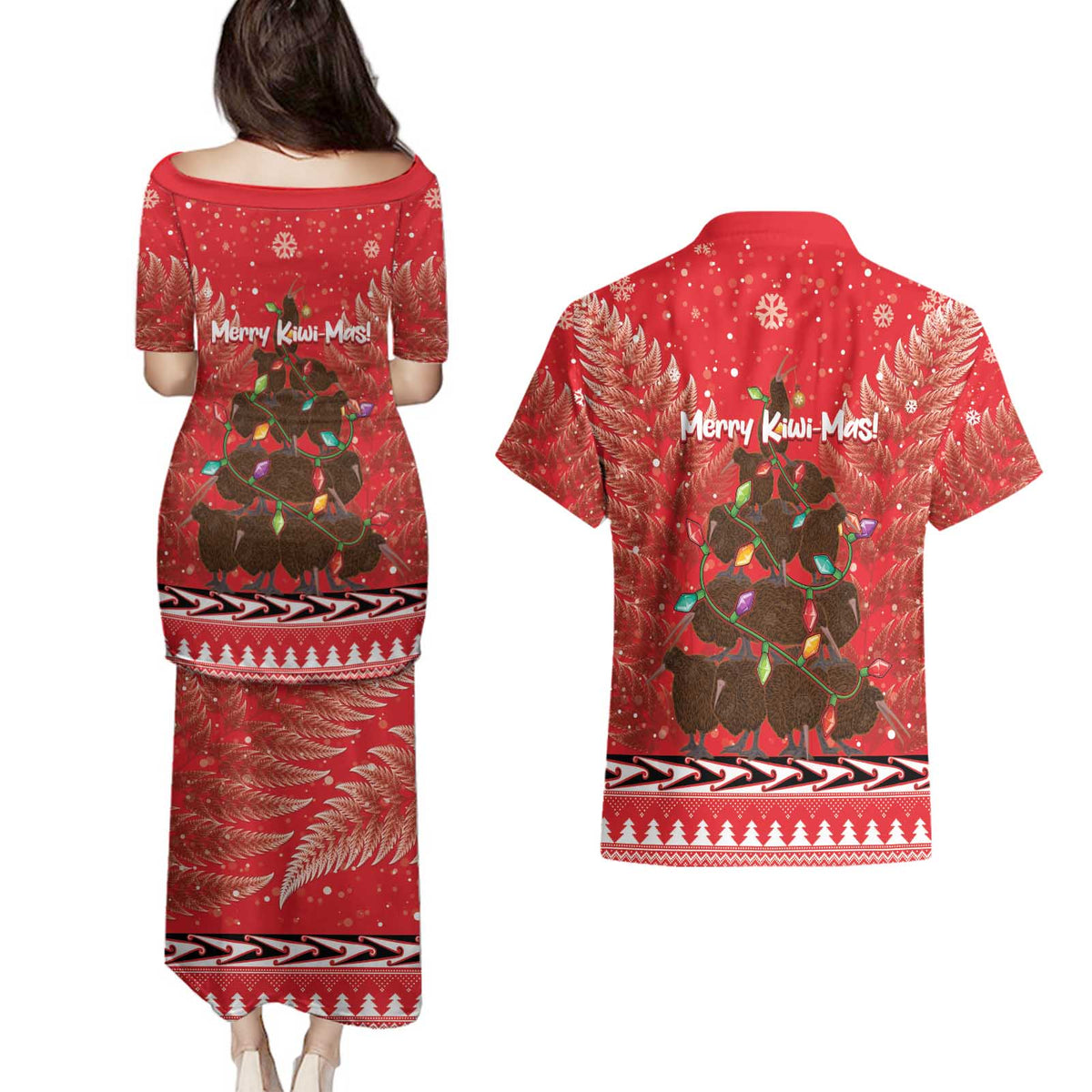 Kiwi New Zealand Christmas Couples Matching Puletasi and Hawaiian Shirt Meri Kirihimete Silver Fern - Red Color LT14 - Polynesian Pride