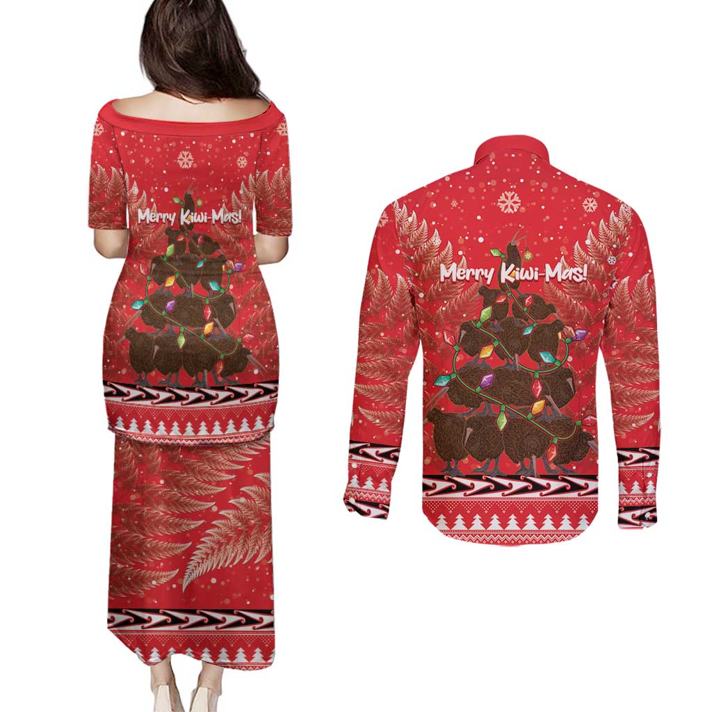 Kiwi New Zealand Christmas Couples Matching Puletasi and Long Sleeve Button Shirt Meri Kirihimete Silver Fern - Red Color LT14 - Polynesian Pride