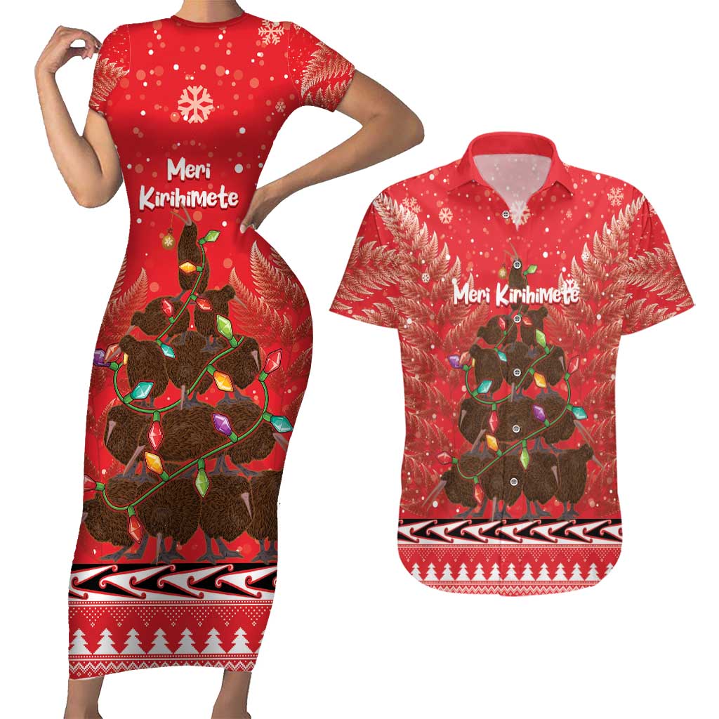 Kiwi New Zealand Christmas Couples Matching Short Sleeve Bodycon Dress and Hawaiian Shirt Meri Kirihimete Silver Fern - Red Color LT14 Red - Polynesian Pride
