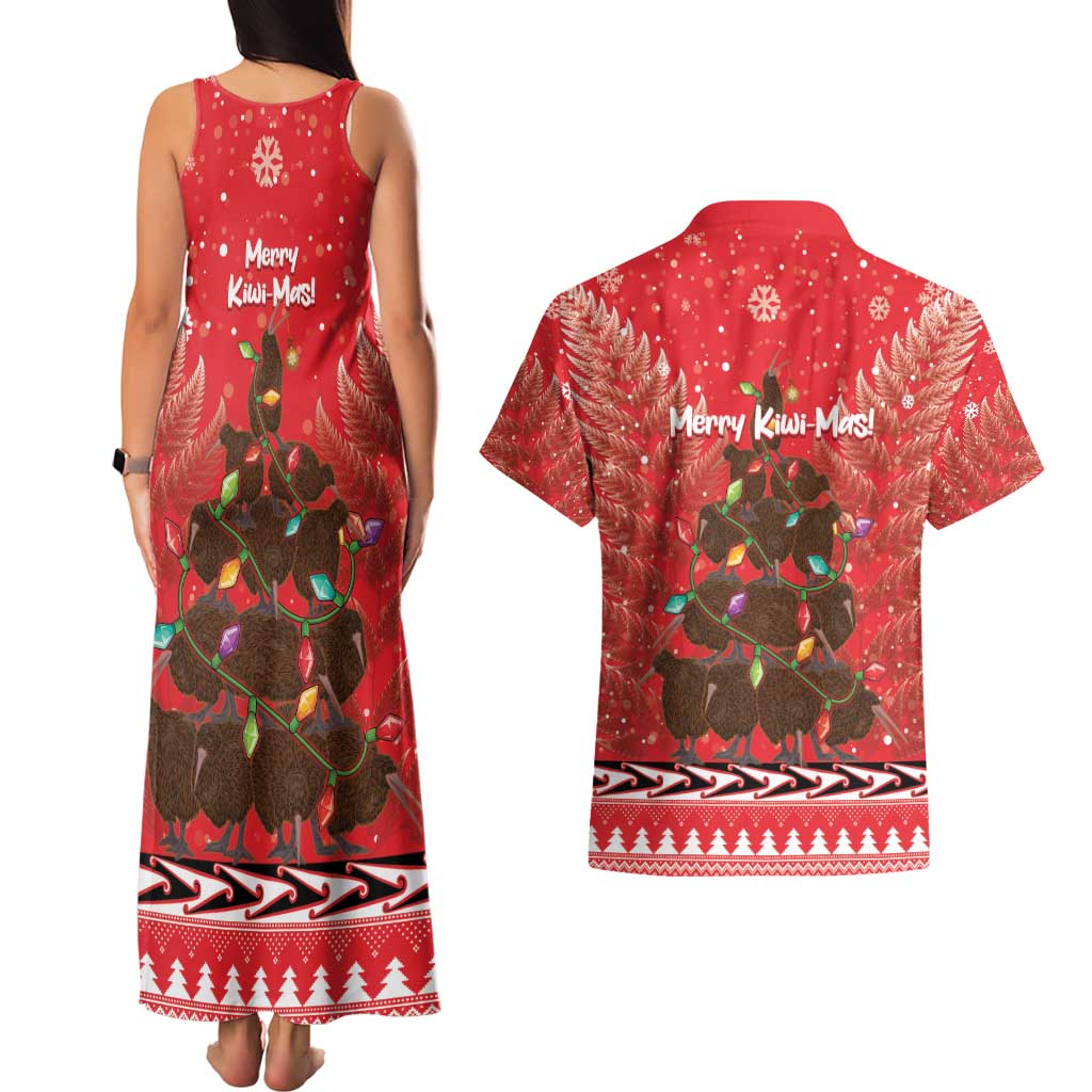 Kiwi New Zealand Christmas Couples Matching Tank Maxi Dress and Hawaiian Shirt Meri Kirihimete Silver Fern - Red Color LT14 - Polynesian Pride