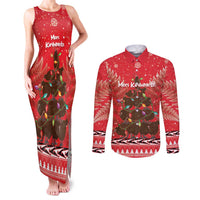 Kiwi New Zealand Christmas Couples Matching Tank Maxi Dress and Long Sleeve Button Shirt Meri Kirihimete Silver Fern - Red Color LT14 Red - Polynesian Pride