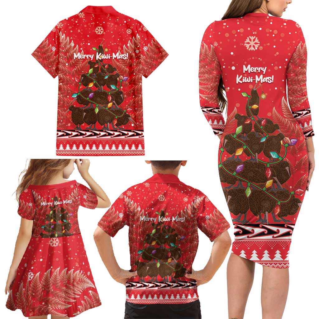 Kiwi New Zealand Christmas Family Matching Long Sleeve Bodycon Dress and Hawaiian Shirt Meri Kirihimete Silver Fern - Red Color LT14 - Polynesian Pride
