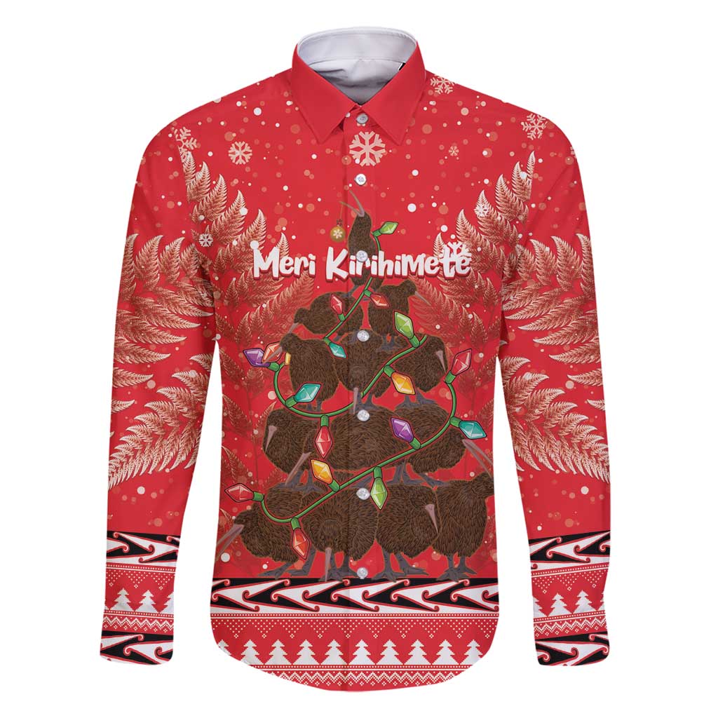 Kiwi New Zealand Christmas Family Matching Long Sleeve Bodycon Dress and Hawaiian Shirt Meri Kirihimete Silver Fern - Red Color LT14 Dad's Shirt - Long Sleeve Red - Polynesian Pride