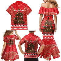 Kiwi New Zealand Christmas Family Matching Mermaid Dress and Hawaiian Shirt Meri Kirihimete Silver Fern - Red Color LT14 - Polynesian Pride