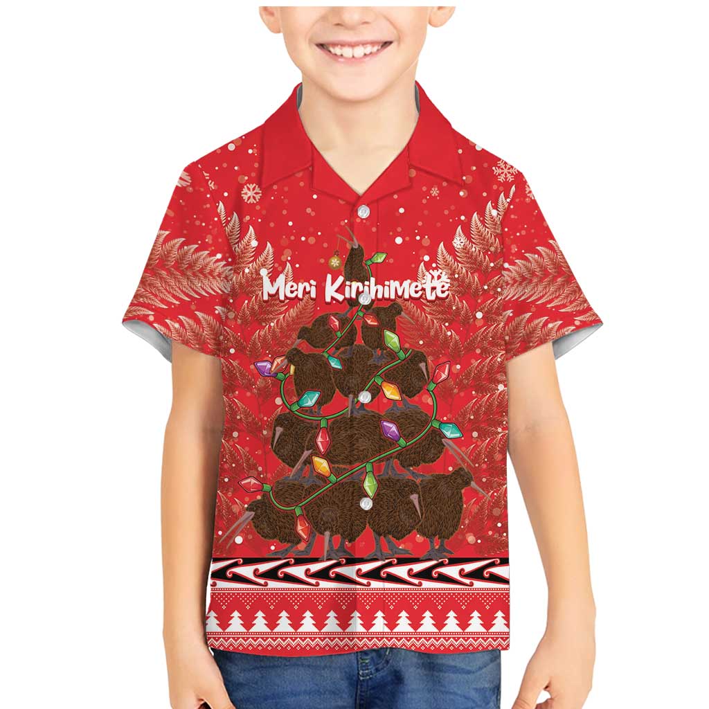 Kiwi New Zealand Christmas Family Matching Mermaid Dress and Hawaiian Shirt Meri Kirihimete Silver Fern - Red Color LT14 Son's Shirt Red - Polynesian Pride