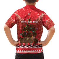 Kiwi New Zealand Christmas Family Matching Off The Shoulder Long Sleeve Dress and Hawaiian Shirt Meri Kirihimete Silver Fern - Red Color LT14 - Polynesian Pride