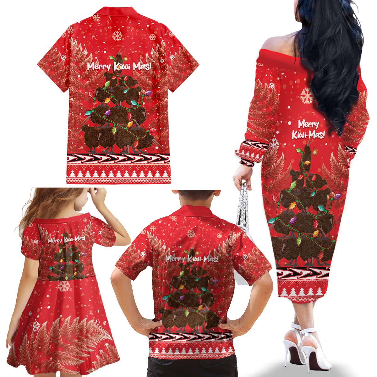 Kiwi New Zealand Christmas Family Matching Off The Shoulder Long Sleeve Dress and Hawaiian Shirt Meri Kirihimete Silver Fern - Red Color LT14 - Polynesian Pride