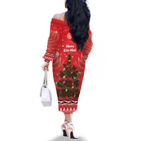 Kiwi New Zealand Christmas Family Matching Off The Shoulder Long Sleeve Dress and Hawaiian Shirt Meri Kirihimete Silver Fern - Red Color LT14 - Polynesian Pride