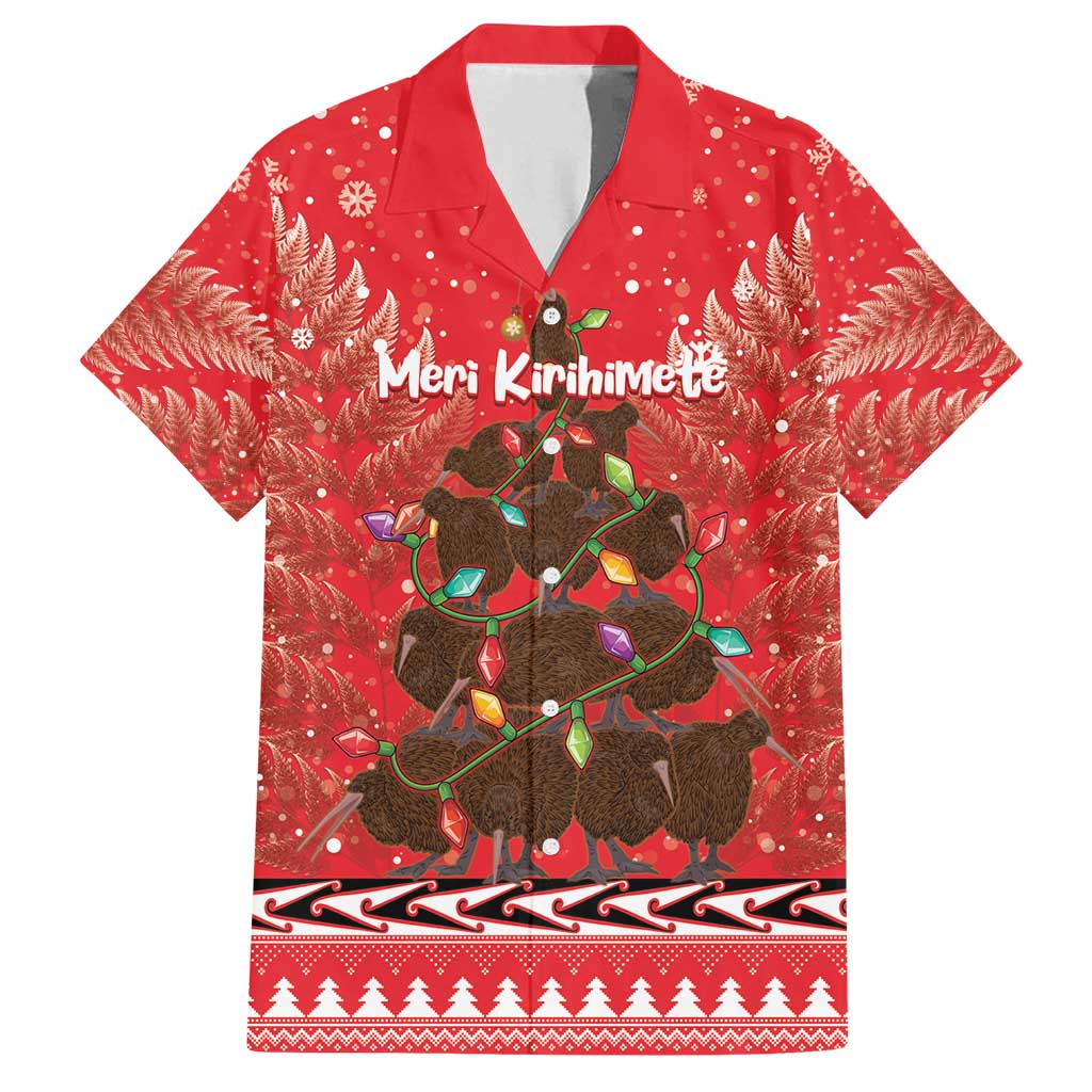 Kiwi New Zealand Christmas Family Matching Off Shoulder Maxi Dress and Hawaiian Shirt Meri Kirihimete Silver Fern - Red Color LT14 Dad's Shirt - Short Sleeve Red - Polynesian Pride