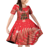 Kiwi New Zealand Christmas Family Matching Off Shoulder Short Dress and Hawaiian Shirt Meri Kirihimete Silver Fern - Red Color LT14 Daughter's Dress Red - Polynesian Pride