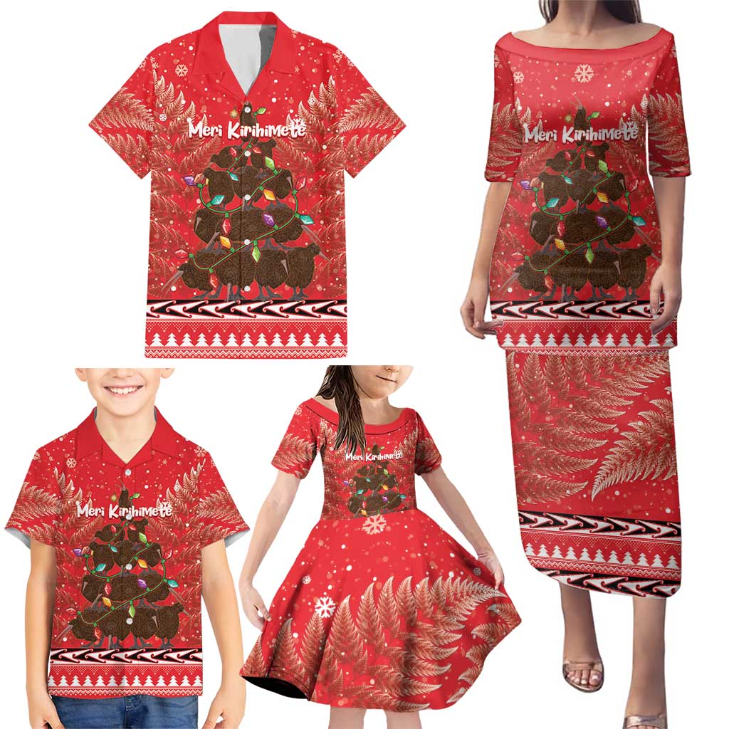 Kiwi New Zealand Christmas Family Matching Puletasi and Hawaiian Shirt Meri Kirihimete Silver Fern - Red Color LT14 - Polynesian Pride