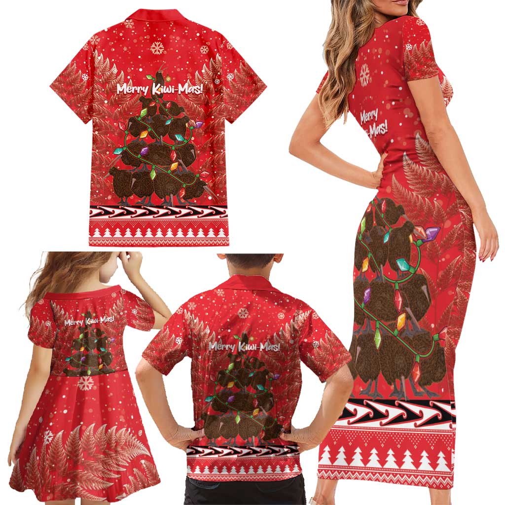 Kiwi New Zealand Christmas Family Matching Short Sleeve Bodycon Dress and Hawaiian Shirt Meri Kirihimete Silver Fern - Red Color LT14 - Polynesian Pride