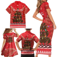 Kiwi New Zealand Christmas Family Matching Short Sleeve Bodycon Dress and Hawaiian Shirt Meri Kirihimete Silver Fern - Red Color LT14 - Polynesian Pride