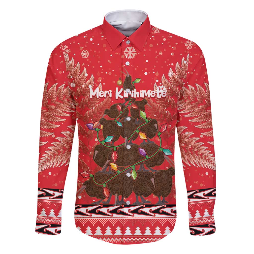 Kiwi New Zealand Christmas Family Matching Short Sleeve Bodycon Dress and Hawaiian Shirt Meri Kirihimete Silver Fern - Red Color LT14 Dad's Shirt - Long Sleeve Red - Polynesian Pride