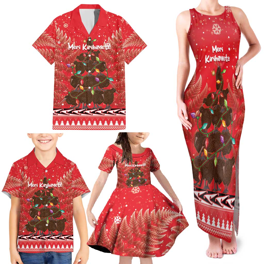 Kiwi New Zealand Christmas Family Matching Tank Maxi Dress and Hawaiian Shirt Meri Kirihimete Silver Fern - Red Color LT14 - Polynesian Pride