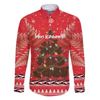 Kiwi New Zealand Christmas Family Matching Tank Maxi Dress and Hawaiian Shirt Meri Kirihimete Silver Fern - Red Color LT14 Dad's Shirt - Long Sleeve Red - Polynesian Pride