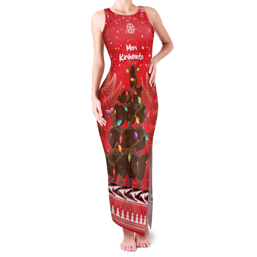 Kiwi New Zealand Christmas Family Matching Tank Maxi Dress and Hawaiian Shirt Meri Kirihimete Silver Fern - Red Color LT14 Mom's Dress Red - Polynesian Pride
