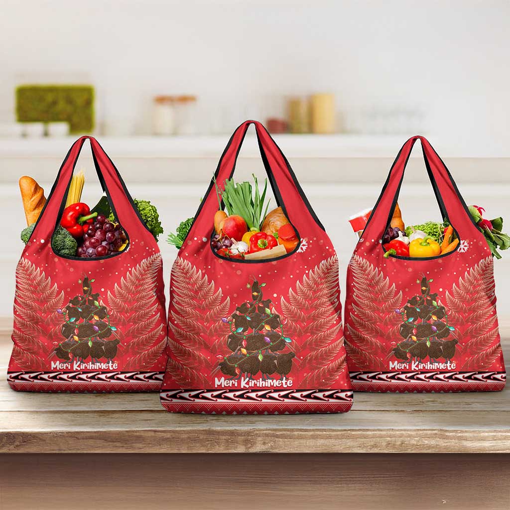 Kiwi New Zealand Christmas Grocery Bag Meri Kirihimete Silver Fern - Red Color LT14 3-pack One Size Red - Polynesian Pride