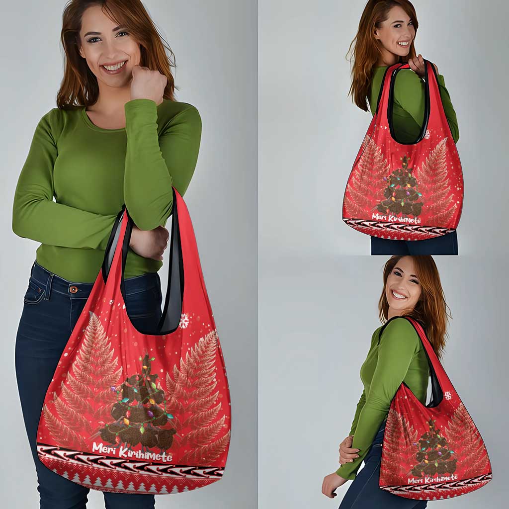 Kiwi New Zealand Christmas Grocery Bag Meri Kirihimete Silver Fern - Red Color LT14 - Polynesian Pride