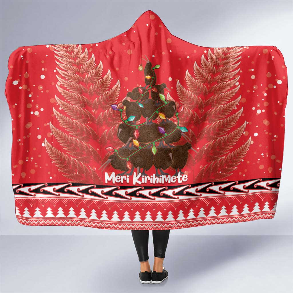 Kiwi New Zealand Christmas Hooded Blanket Meri Kirihimete Silver Fern - Red Color LT14 One Size Red - Polynesian Pride