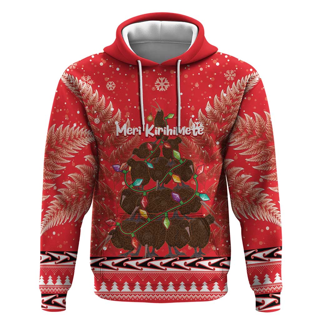 Kiwi New Zealand Christmas Hoodie Meri Kirihimete Silver Fern - Red Color LT14 Pullover Hoodie Red - Polynesian Pride