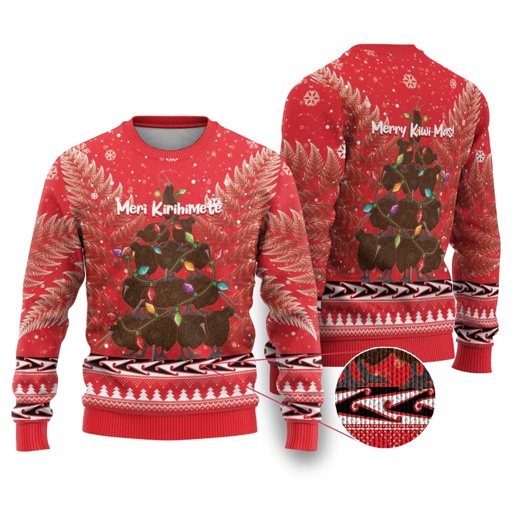 Kiwi New Zealand Christmas Ugly Christmas Sweater Meri Kirihimete Silver Fern - Red Color LT14 Red - Polynesian Pride