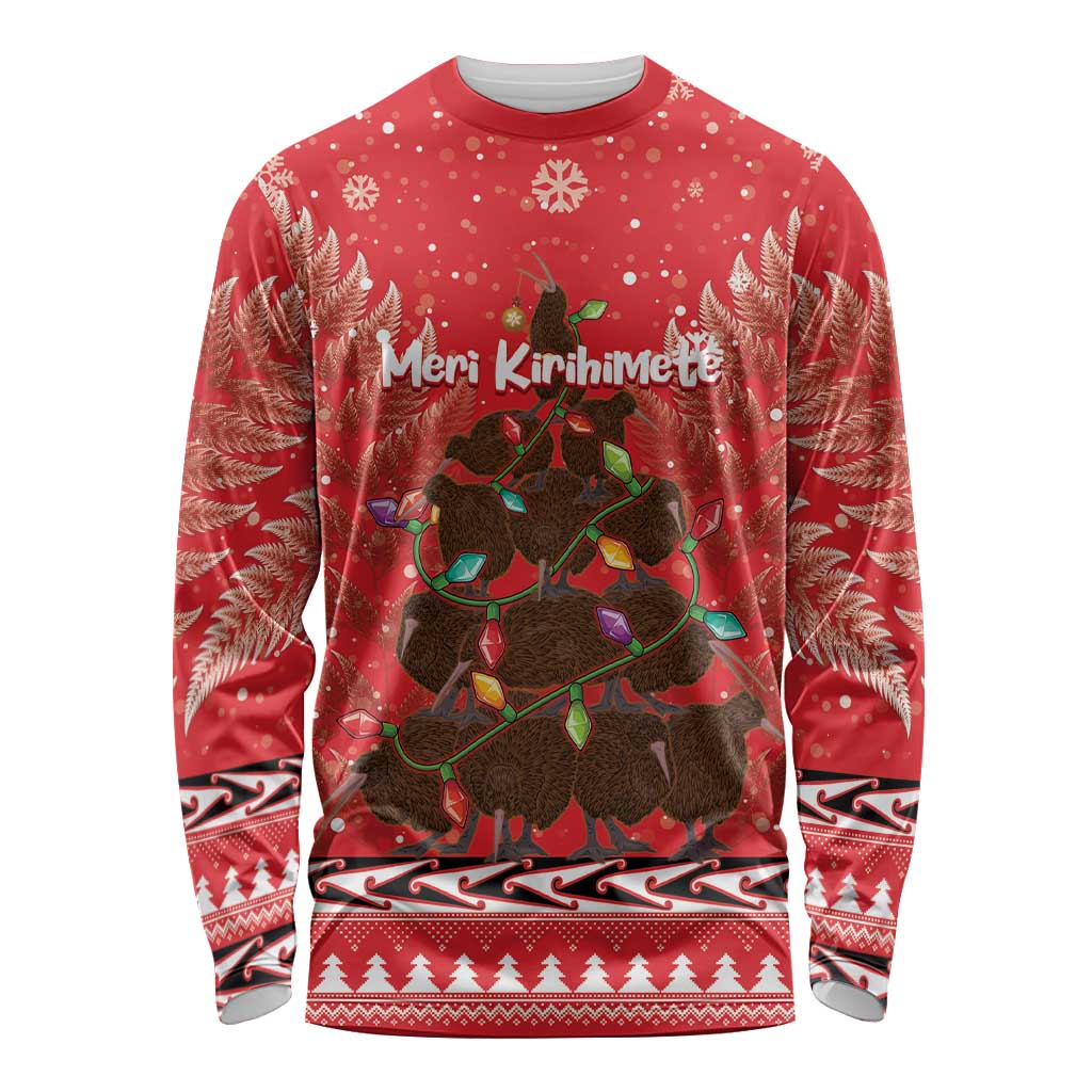 Kiwi New Zealand Christmas Long Sleeve Shirt Meri Kirihimete Silver Fern - Red Color LT14 Unisex Red - Polynesian Pride