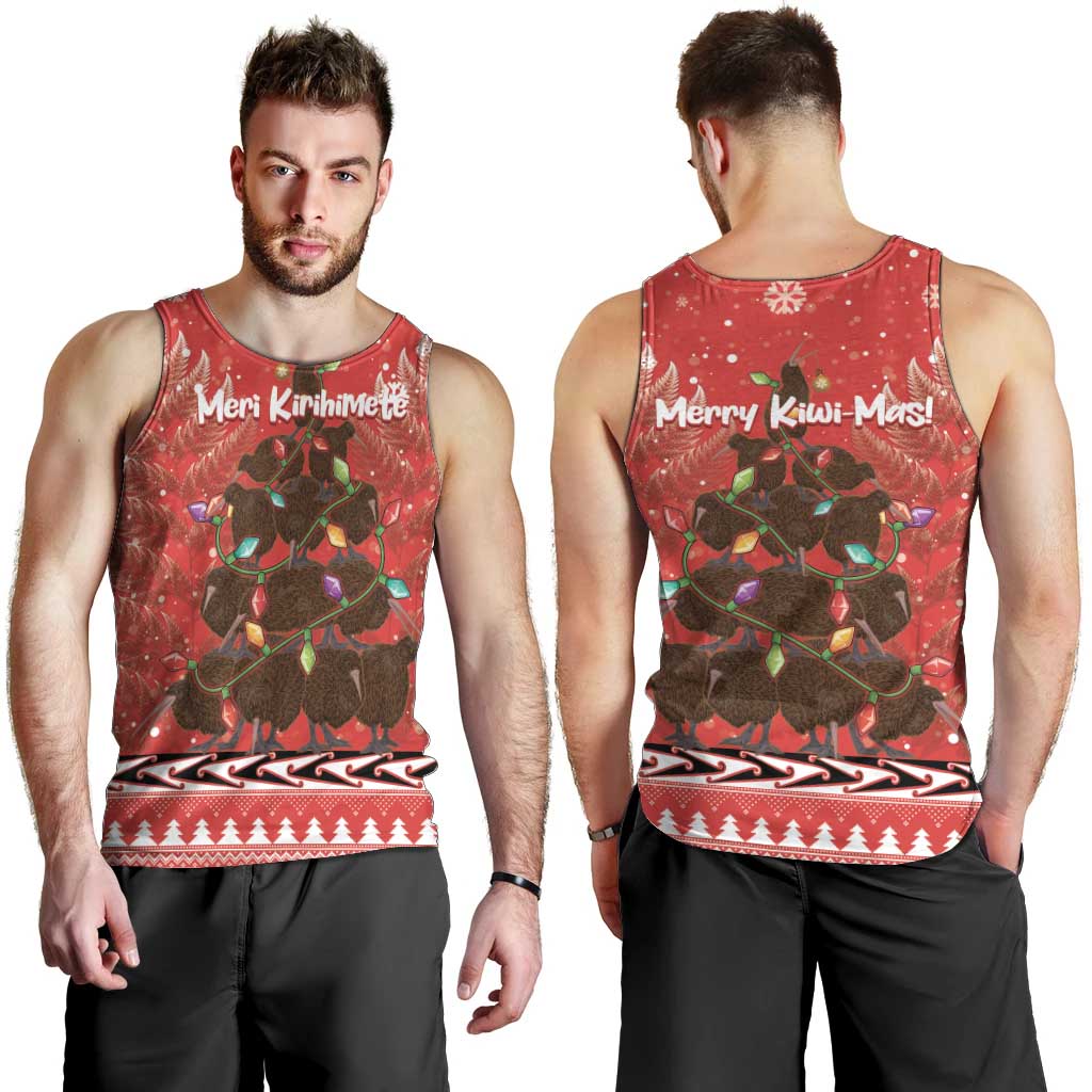 Kiwi New Zealand Christmas Men Tank Top Meri Kirihimete Silver Fern - Red Color