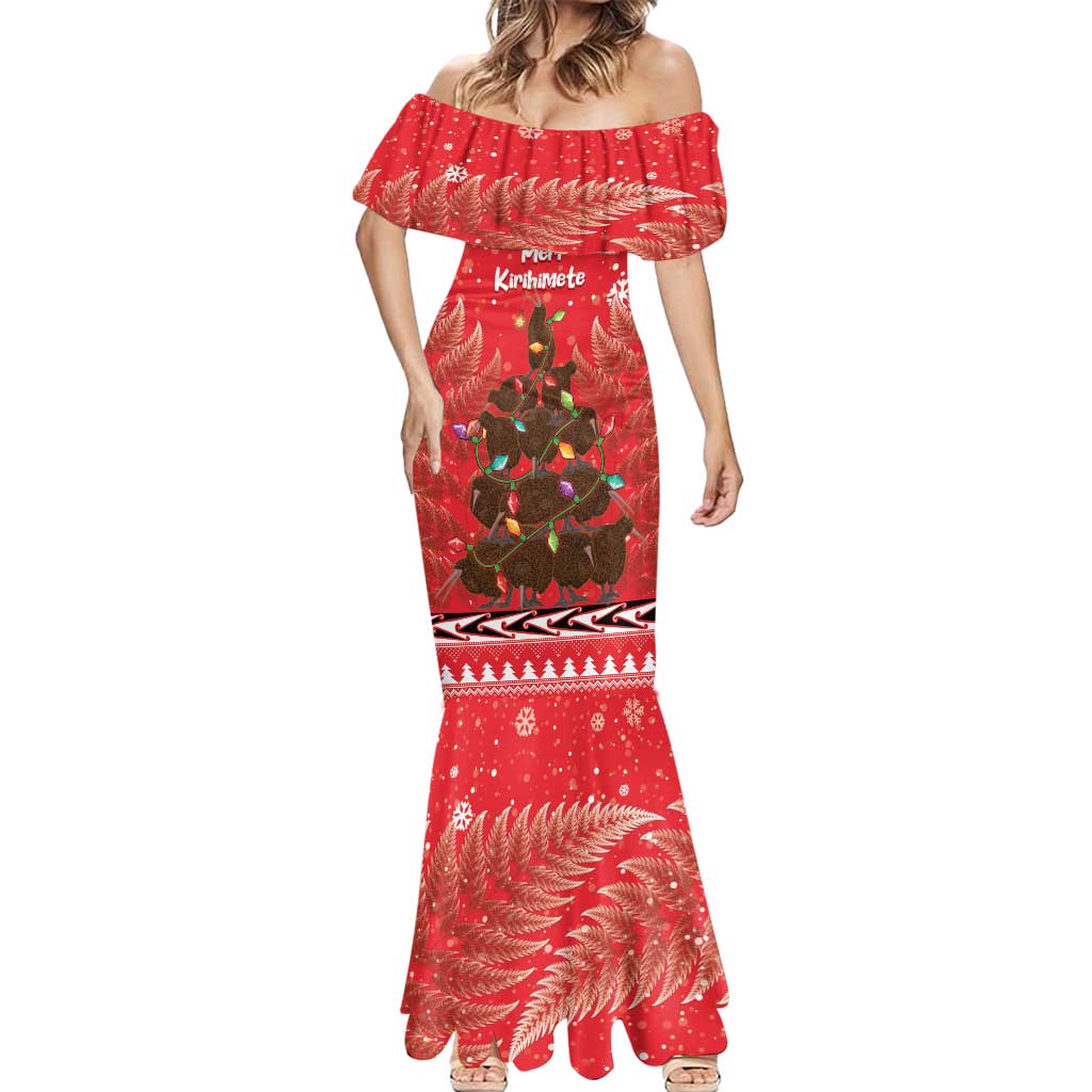 Kiwi New Zealand Christmas Mermaid Dress Meri Kirihimete Silver Fern - Red Color LT14 - Polynesian Pride