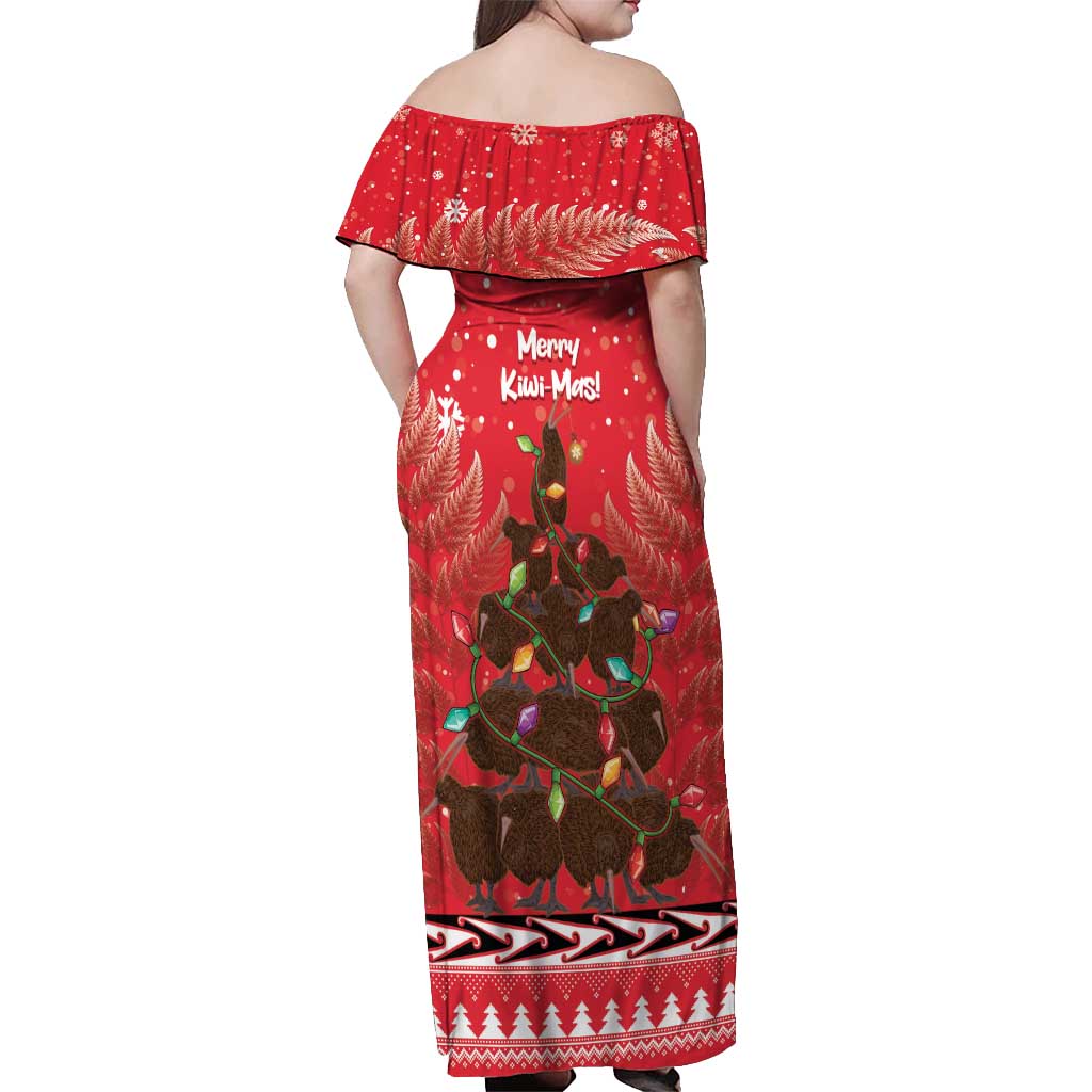 Kiwi New Zealand Christmas Off Shoulder Maxi Dress Meri Kirihimete Silver Fern - Red Color LT14 - Polynesian Pride