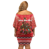 Kiwi New Zealand Christmas Off Shoulder Short Dress Meri Kirihimete Silver Fern - Red Color LT14 - Polynesian Pride