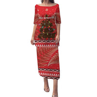 Kiwi New Zealand Christmas Puletasi Meri Kirihimete Silver Fern - Red Color LT14 Long Dress Red - Polynesian Pride