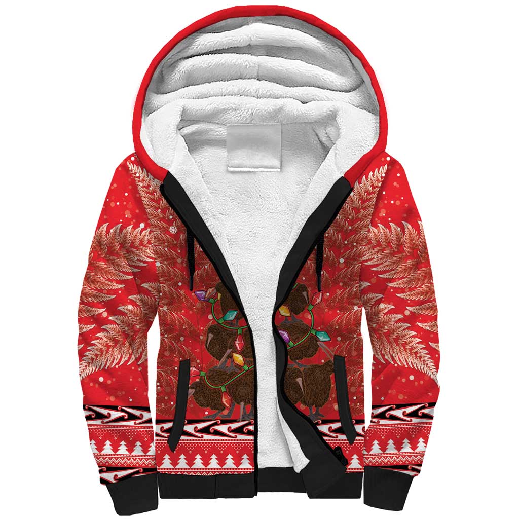 Kiwi New Zealand Christmas Sherpa Hoodie Meri Kirihimete Silver Fern - Red Color LT14 Unisex Red - Polynesian Pride