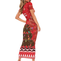 Kiwi New Zealand Christmas Short Sleeve Bodycon Dress Meri Kirihimete Silver Fern - Red Color LT14 - Polynesian Pride