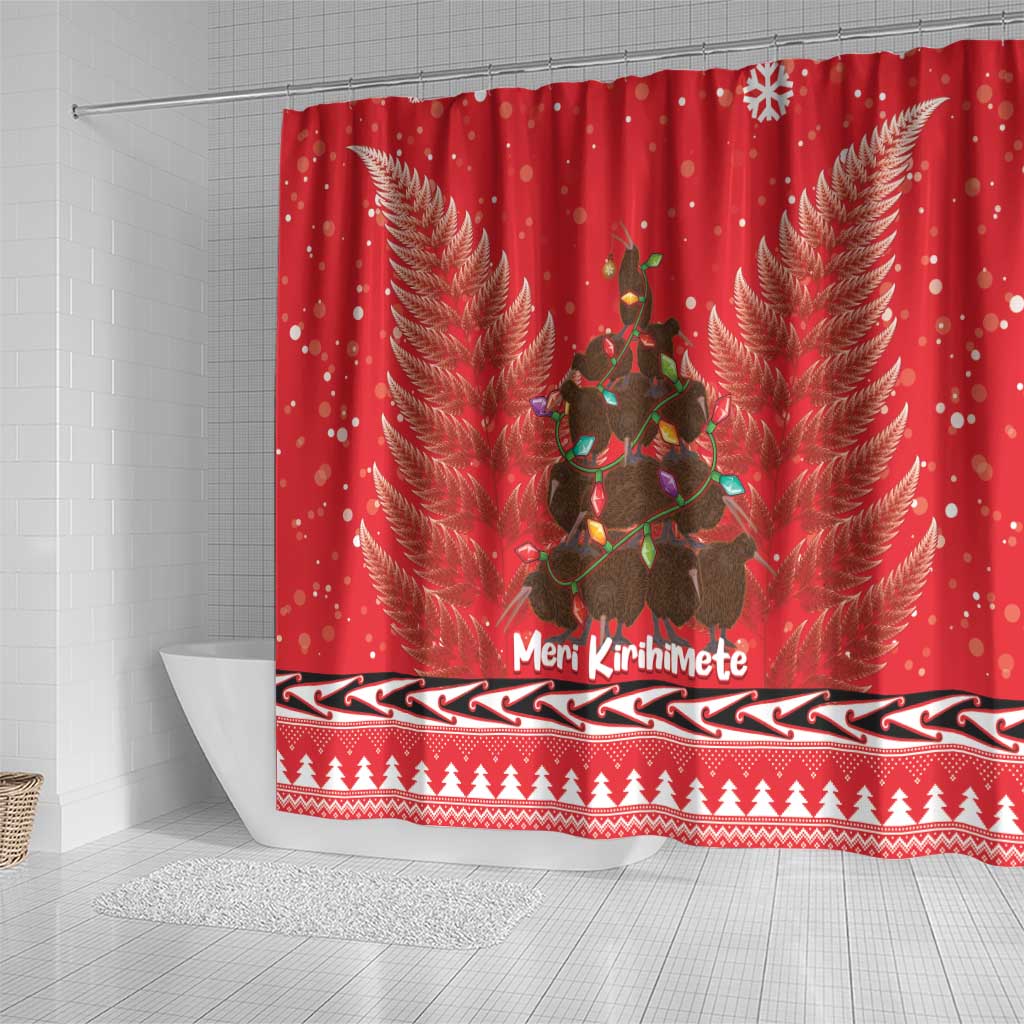 Kiwi New Zealand Christmas Shower Curtain Meri Kirihimete Silver Fern - Red Color LT14 - Polynesian Pride
