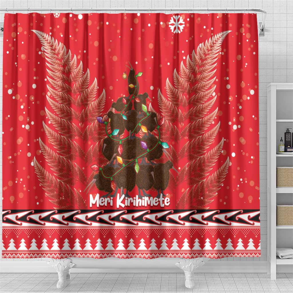 Kiwi New Zealand Christmas Shower Curtain Meri Kirihimete Silver Fern - Red Color LT14 - Polynesian Pride