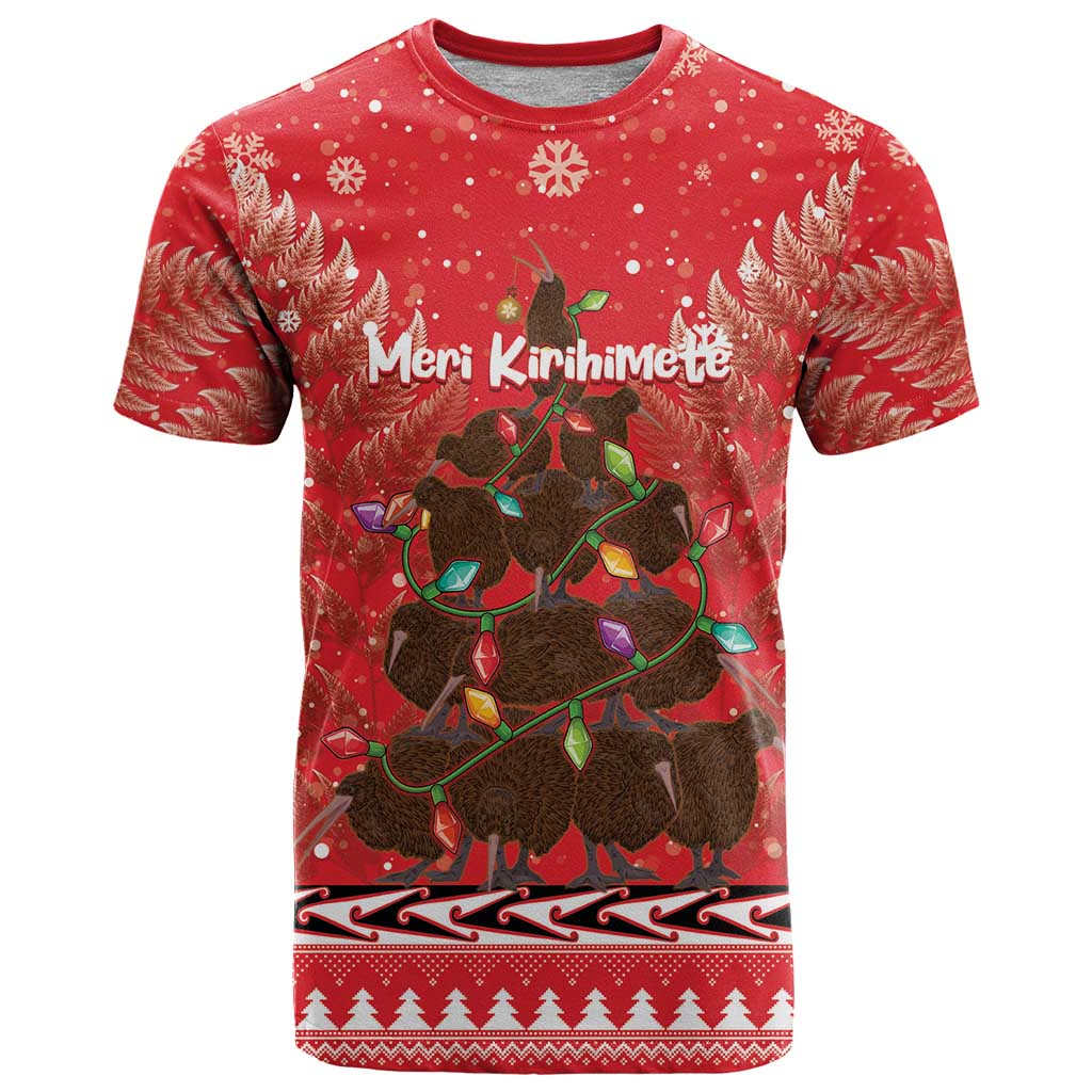 Kiwi New Zealand Christmas T Shirt Meri Kirihimete Silver Fern - Red Color