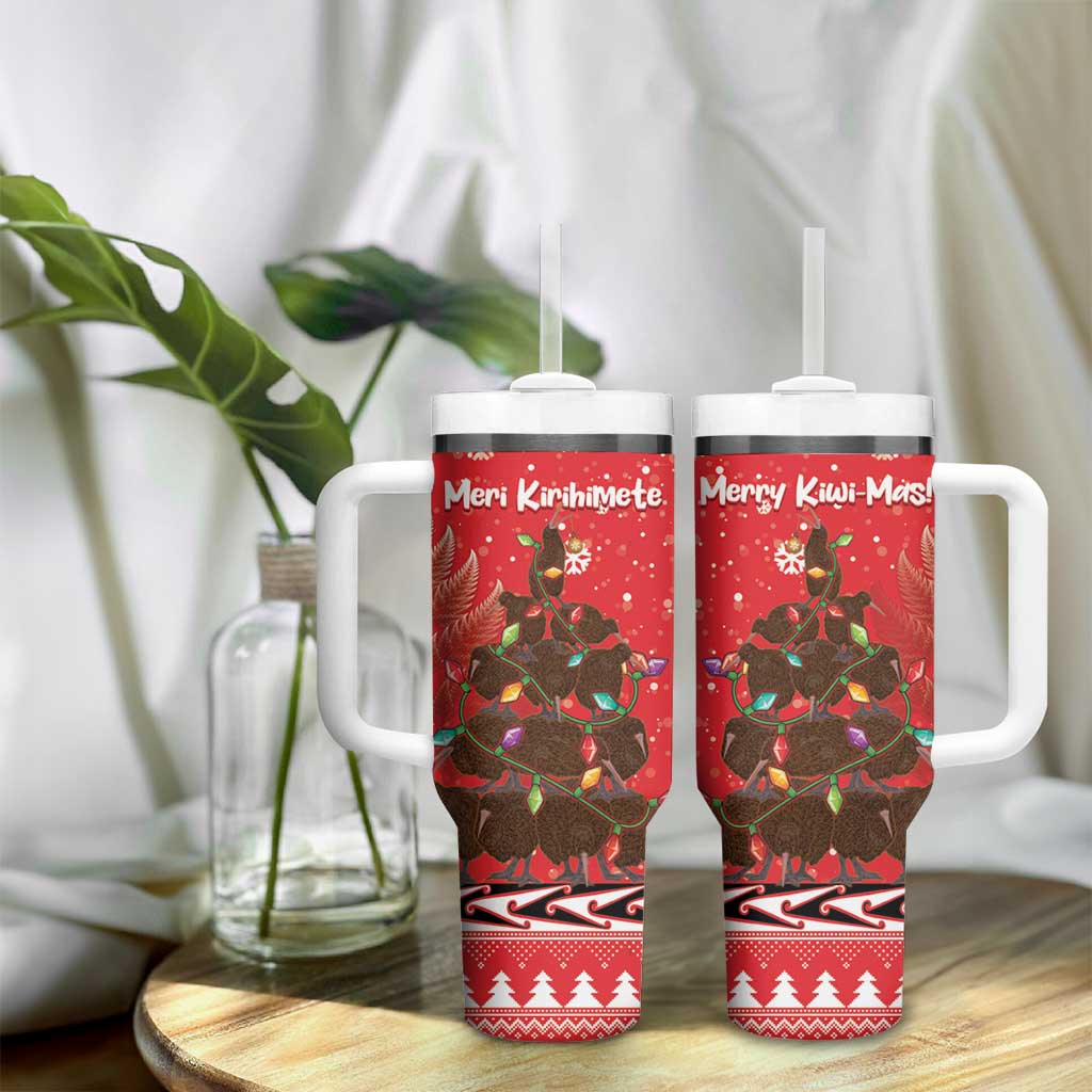 Kiwi New Zealand Christmas Tumbler With Handle Meri Kirihimete Silver Fern - Red Color LT14 - Polynesian Pride