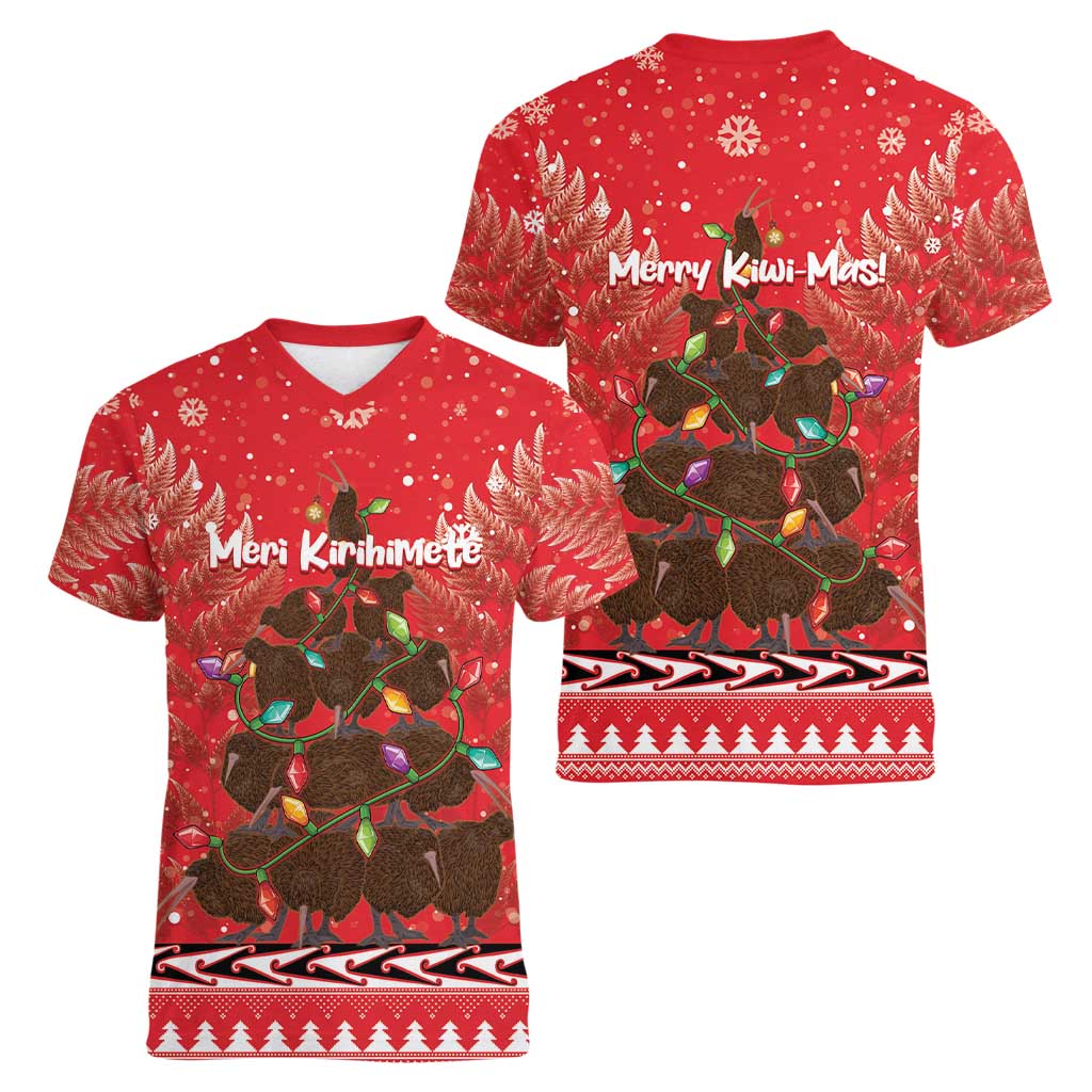 Kiwi New Zealand Christmas Women V-Neck T-Shirt Meri Kirihimete Silver Fern - Red Color