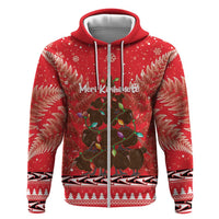 Kiwi New Zealand Christmas Zip Hoodie Meri Kirihimete Silver Fern - Red Color LT14 Zip Hoodie Red - Polynesian Pride