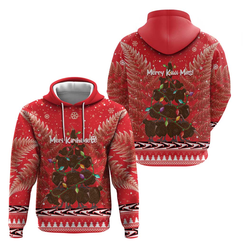 Kiwi New Zealand Christmas Zip Hoodie Meri Kirihimete Silver Fern - Red Color LT14 - Polynesian Pride