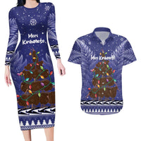 Kiwi New Zealand Christmas Couples Matching Long Sleeve Bodycon Dress and Hawaiian Shirt Meri Kirihimete Silver Fern - Blue Color LT14 Blue - Polynesian Pride