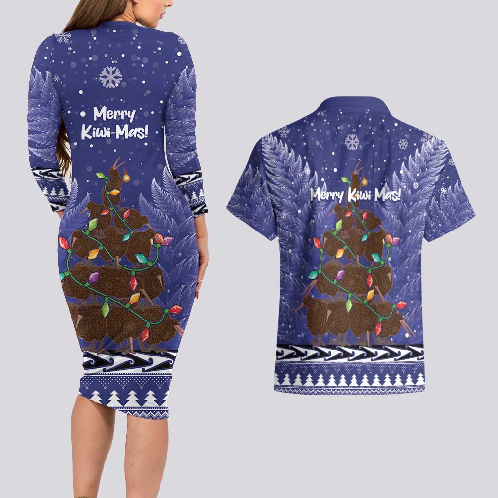 Kiwi New Zealand Christmas Couples Matching Long Sleeve Bodycon Dress and Hawaiian Shirt Meri Kirihimete Silver Fern - Blue Color LT14 - Polynesian Pride