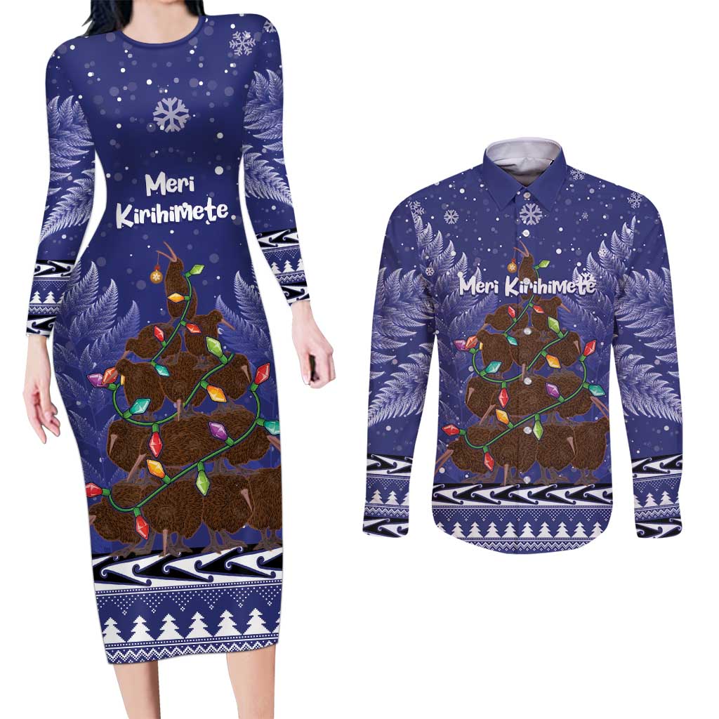 Kiwi New Zealand Christmas Couples Matching Long Sleeve Bodycon Dress and Long Sleeve Button Shirt Meri Kirihimete Silver Fern - Blue Color LT14 Blue - Polynesian Pride