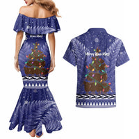 Kiwi New Zealand Christmas Couples Matching Mermaid Dress and Hawaiian Shirt Meri Kirihimete Silver Fern - Blue Color LT14 - Polynesian Pride