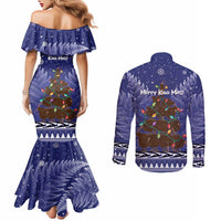 Kiwi New Zealand Christmas Couples Matching Mermaid Dress and Long Sleeve Button Shirt Meri Kirihimete Silver Fern - Blue Color LT14 - Polynesian Pride