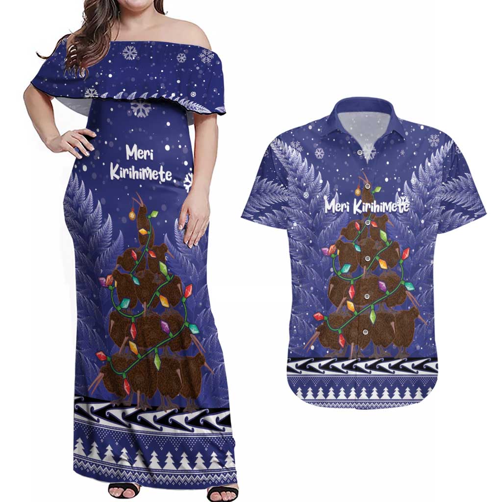 Kiwi New Zealand Christmas Couples Matching Off Shoulder Maxi Dress and Hawaiian Shirt Meri Kirihimete Silver Fern - Blue Color LT14 Blue - Polynesian Pride